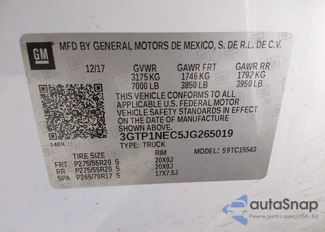 2018 GMC Sierra 1500 Slt z USA, uszkodzony, nr VIN 3GTP1NEC5JG265019